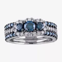 Womens 2 CT. T.W. Natural Blue Diamond 10K White Gold Round Side Stone 3-Stone Bridal Set