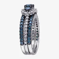 Womens 2 CT. T.W. Natural Blue Diamond 10K White Gold Round Side Stone 3-Stone Bridal Set