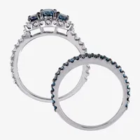 Womens 2 CT. T.W. Natural Blue Diamond 10K White Gold Round Side Stone 3-Stone Bridal Set