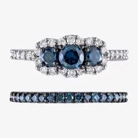 Womens 2 CT. T.W. Natural Blue Diamond 10K White Gold Round Side Stone 3-Stone Bridal Set