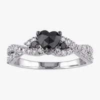 Womens 1/2 CT. T.W. Natural Black Diamond Sterling Silver Heart Side Stone Engagement Ring