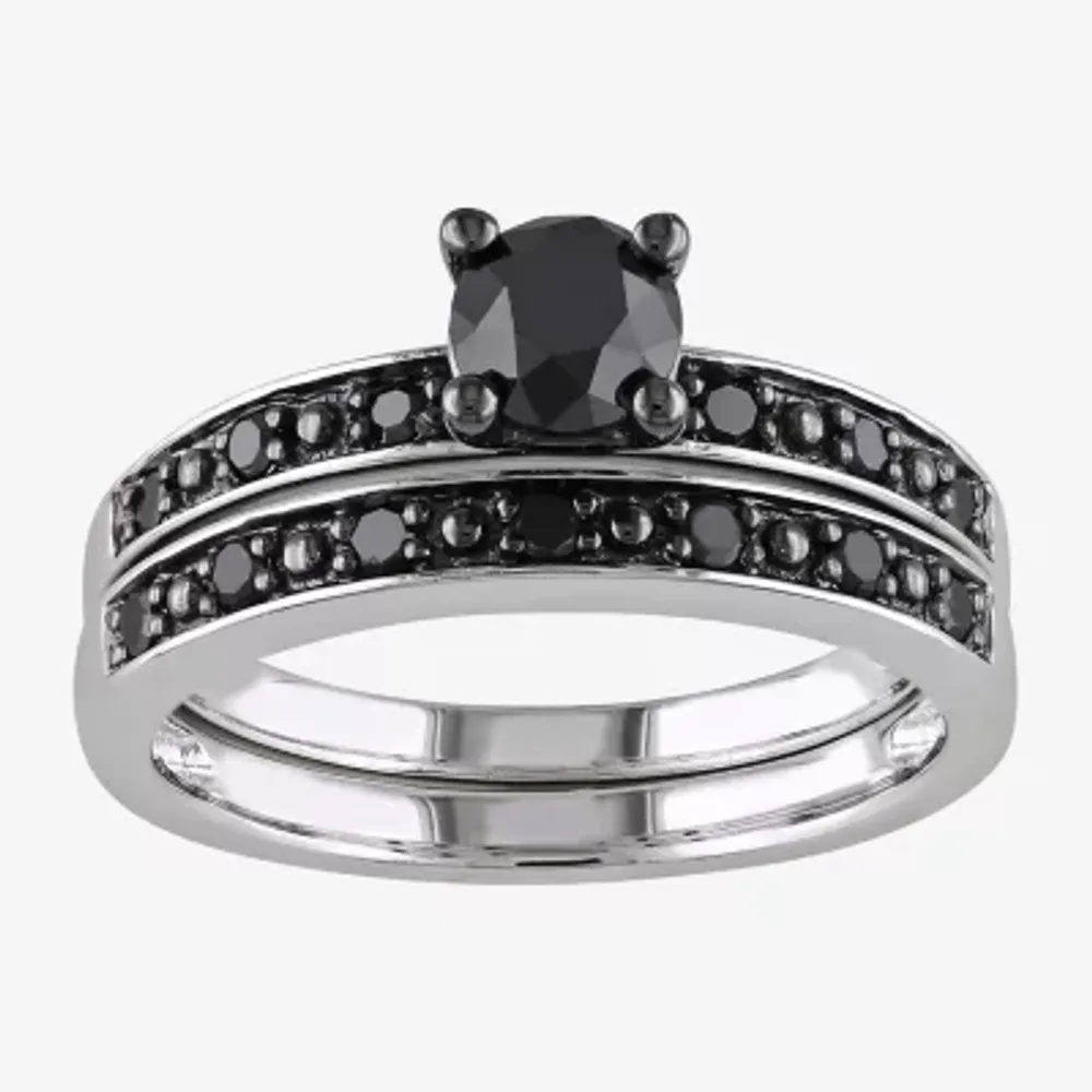 Womens 1 CT. T.W. Natural Black Diamond Sterling Silver Round Side Stone Bridal Set