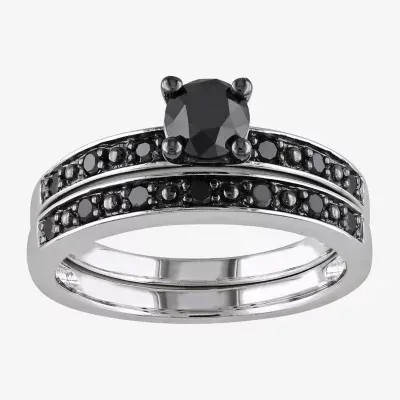 Womens 1 CT. T.W. Natural Black Diamond Sterling Silver Round Side Stone Bridal Set