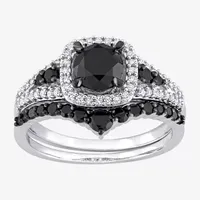 Womens 1 1/2 CT. T.W. Natural Black Diamond 10K White Gold Cushion Side Stone Halo Bridal Set