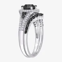 Womens 1 1/2 CT. T.W. Natural Black Diamond 10K White Gold Cushion Side Stone Halo Bridal Set