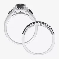 Womens 1 1/2 CT. T.W. Natural Black Diamond 10K White Gold Cushion Side Stone Halo Bridal Set