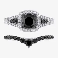 Womens 1 1/2 CT. T.W. Natural Black Diamond 10K White Gold Cushion Side Stone Halo Bridal Set