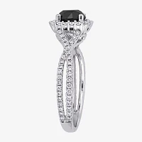 Womens 1 1/2 CT. T.W. Genuine Black Diamond 14K White Gold Cushion Side Stone Halo Engagement Ring