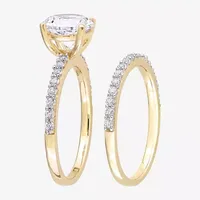 Womens Lab Created White Sapphire 10K Gold Round Side Stone Bridal Set