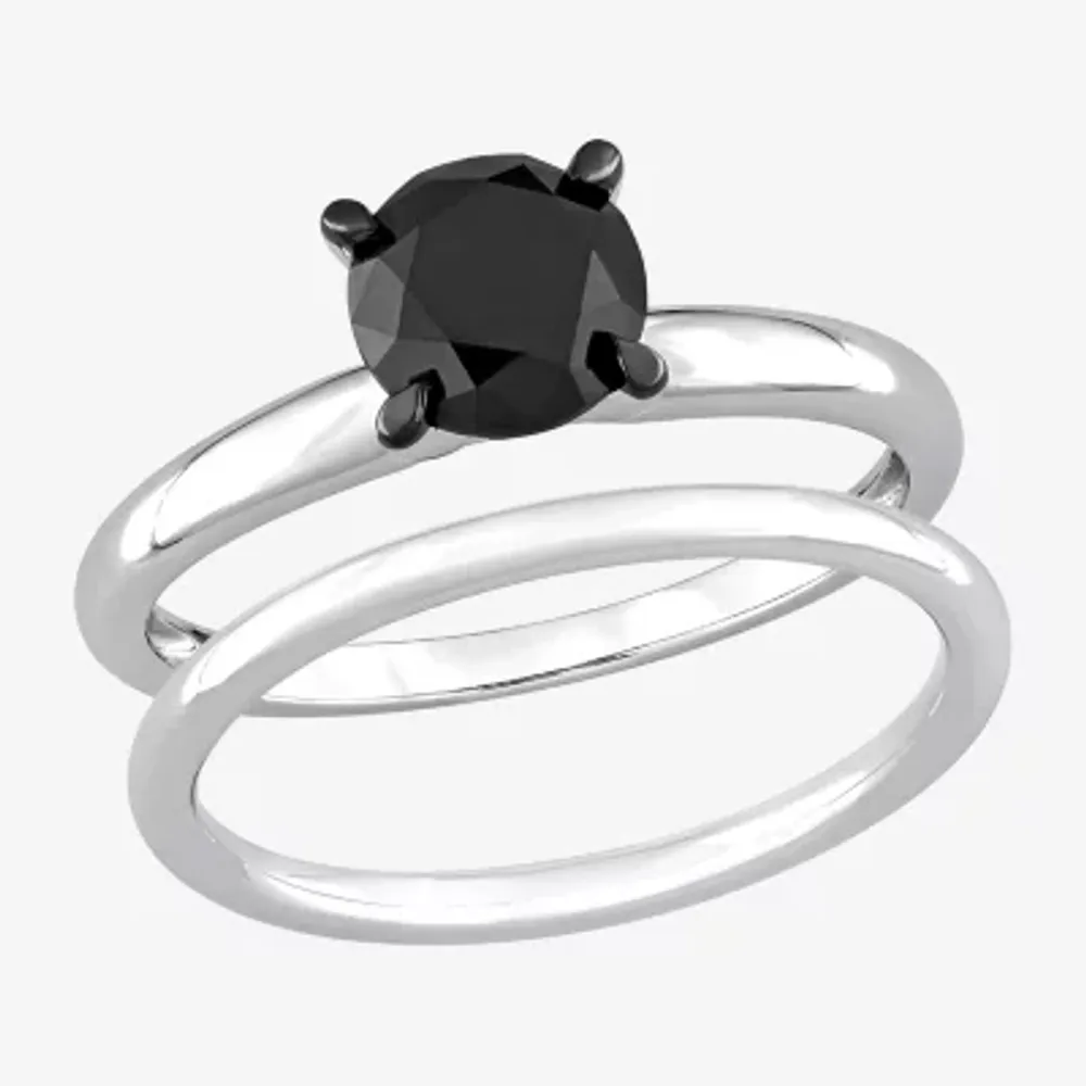 Womens 1 1/2 CT. Natural Black Diamond 14K White Gold Round Solitaire Bridal Set