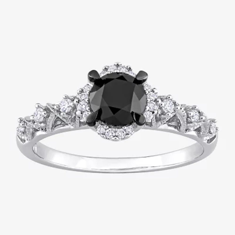 Womens 3/4 CT. T.W. Natural Black Diamond 14K White Gold Round Side Stone Halo Engagement Ring