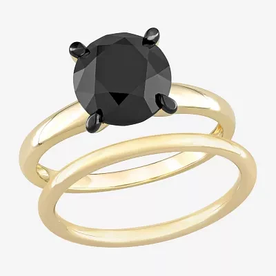 Womens 3 CT. Natural Black Diamond 14K Gold Round Solitaire Bridal Set