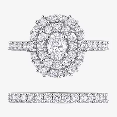 Womens 1 1/2 CT. T.W. Mined White Diamond 14K Gold Round Side Stone Halo Bridal Set