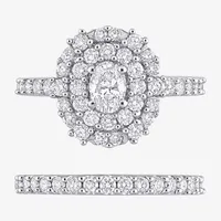 Womens 1 1/2 CT. T.W. Natural White Diamond 14K Gold Round Side Stone Halo Bridal Set