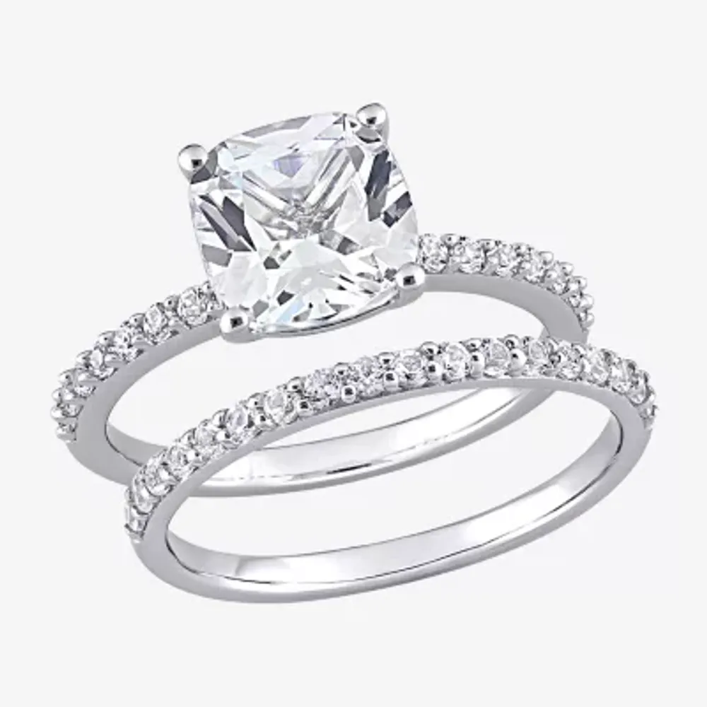 Womens Lab Created White Sapphire 10K Gold Cushion Side Stone Bridal Set