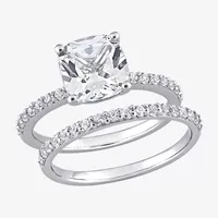 Womens Lab Created White Sapphire 10K Gold Cushion Side Stone Bridal Set