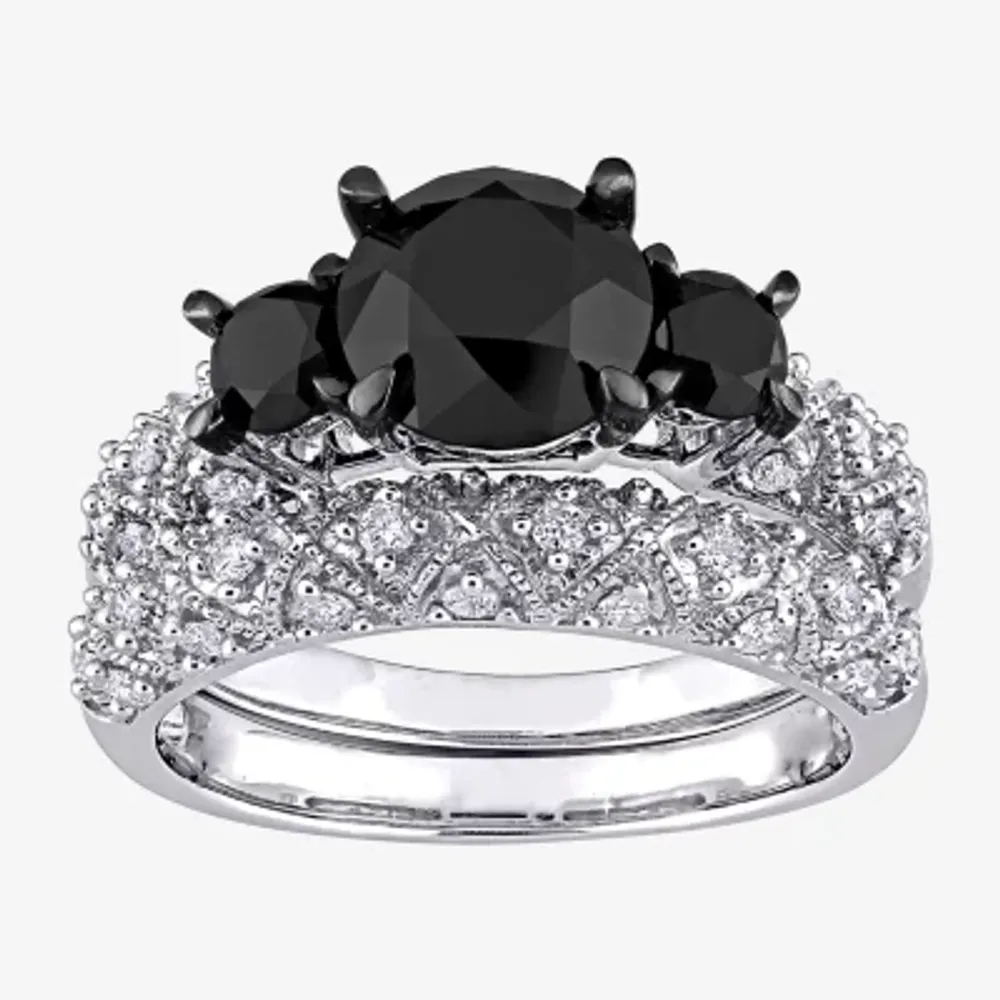 Midnight Black Womens 3 CT. T.W. Natural Diamond 10K White Gold Round Side Stone 3-Stone Bridal Set