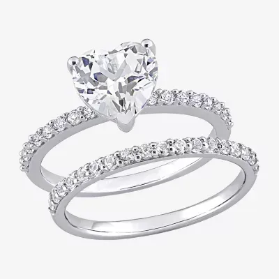Womens Lab Created White Sapphire 10K Gold Heart Side Stone Bridal Set