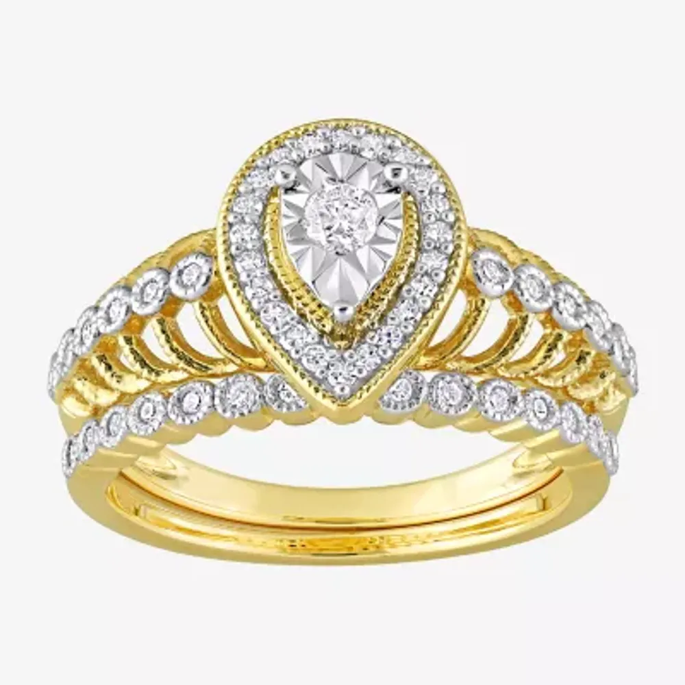 Womens 1/3 CT. T.W. Natural White Diamond 18K Gold Over Silver Pear Side Stone Halo Bridal Set