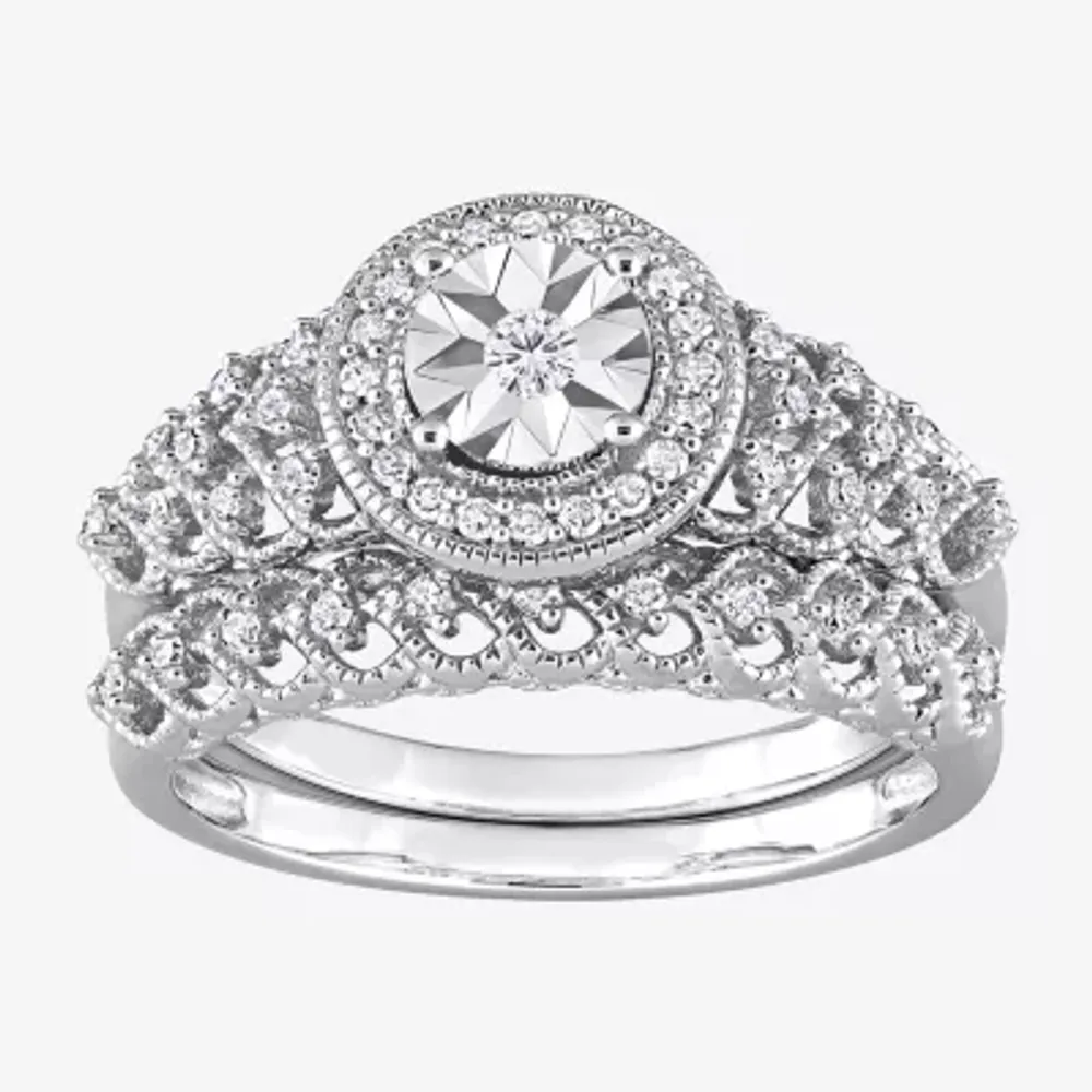 Womens 1/3 CT. T.W. Natural White Diamond Sterling Silver Round Side Stone Halo Bridal Set