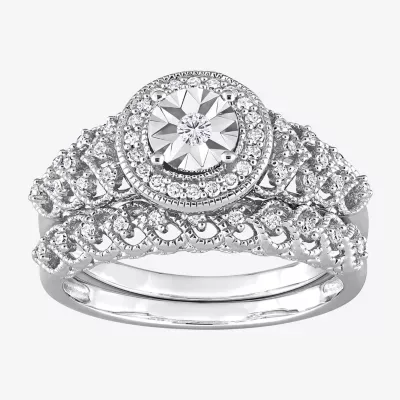 Womens 1/3 CT. T.W. Natural White Diamond Sterling Silver Round Side Stone Halo Bridal Set