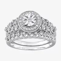 Womens 1/3 CT. T.W. Mined White Diamond Sterling Silver Round Side Stone Halo Bridal Set