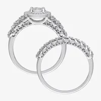 Womens 1/3 CT. T.W. Natural White Diamond Sterling Silver Round Side Stone Halo Bridal Set