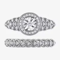 Womens 1/3 CT. T.W. Natural White Diamond Sterling Silver Round Side Stone Halo Bridal Set