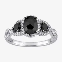 Womens 1 1/3 CT. T.W. Natural Black Diamond 14K White Gold Oval Side Stone 3-Stone Engagement Ring