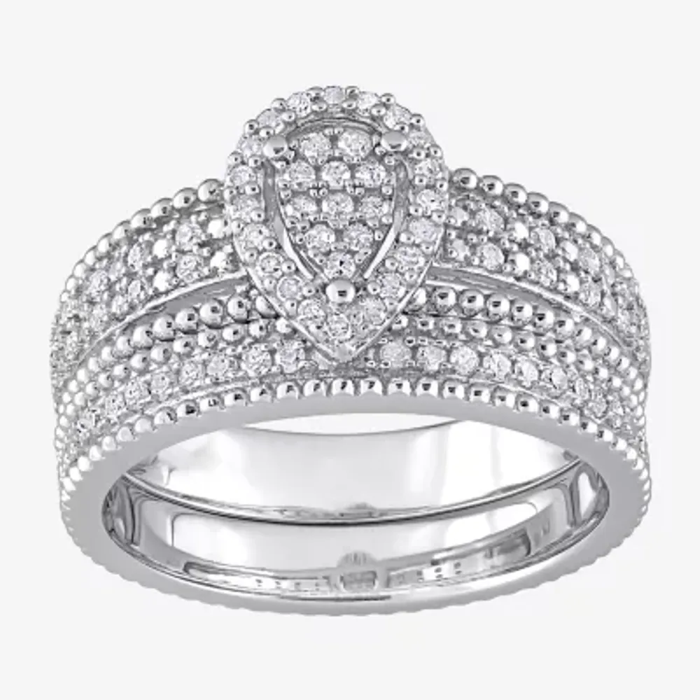 Womens 1/3 CT. T.W. Natural White Diamond Sterling Silver Pear Side Stone Halo Bridal Set