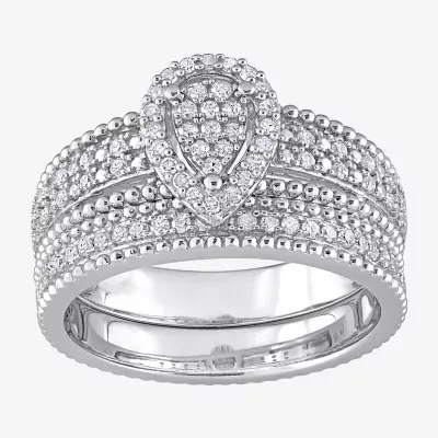 Womens 1/3 CT. T.W. Natural White Diamond Sterling Silver Pear Side Stone Halo Bridal Set