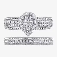 Womens 1/3 CT. T.W. Natural White Diamond Sterling Silver Pear Side Stone Halo Bridal Set