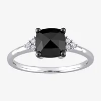 Womens 1 1/3 CT. T.W. Natural Black Diamond 14K White Gold Cushion Side Stone Engagement Ring