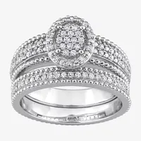 Womens 1/3 CT. T.W. Natural White Diamond Sterling Silver Oval Side Stone Halo Bridal Set