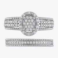 Womens 1/3 CT. T.W. Natural White Diamond Sterling Silver Oval Side Stone Halo Bridal Set