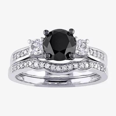 Midnight Black Womens 7/8 CT. T.W. Natural Diamond 10K White Gold Round Side Stone 3-Stone Bridal Set
