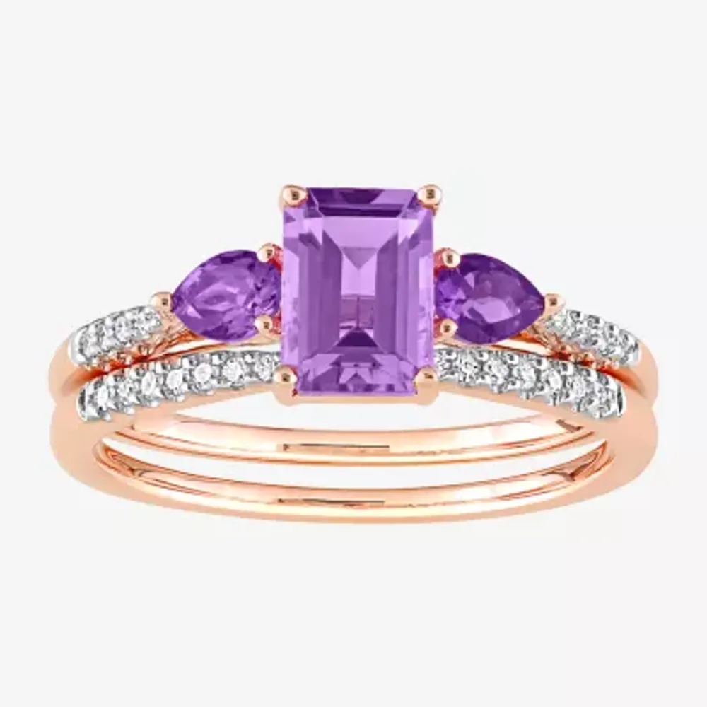 Womens 1/10 CT. T.W. Genuine Purple Amethyst 10K Rose Gold Side Stone 3-Stone Bridal Set