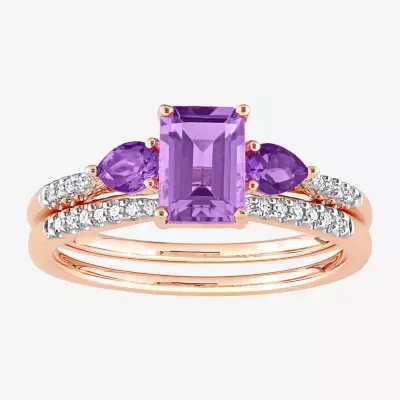 Womens 1/10 CT. T.W. Genuine Purple Amethyst 10K Rose Gold Side Stone 3-Stone Bridal Set