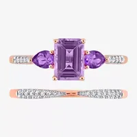 Womens 1/10 CT. T.W. Genuine Purple Amethyst 10K Rose Gold Side Stone 3-Stone Bridal Set