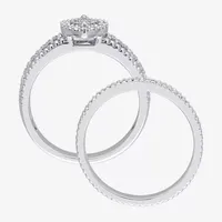 Womens 1/3 CT. T.W. Natural White Diamond Sterling Silver Marquise Side Stone Halo Bridal Set