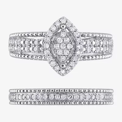 Womens 1/3 CT. T.W. Mined White Diamond Sterling Silver Marquise Side Stone Halo Bridal Set