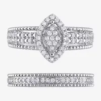 Womens 1/3 CT. T.W. Natural White Diamond Sterling Silver Marquise Side Stone Halo Bridal Set