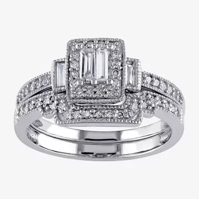 Womens 3/8 CT. T.W. Natural White Diamond 10K Gold Side Stone Halo Bridal Set