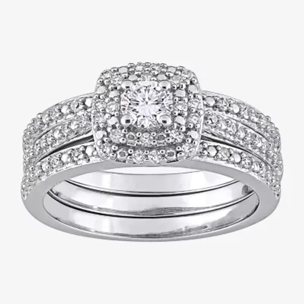 Womens 1/2 CT. T.W. Natural White Diamond Sterling Silver Cushion Side Stone Halo Bridal Set