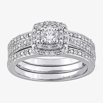 Womens 1/2 CT. T.W. Natural White Diamond Sterling Silver Cushion Side Stone Halo Bridal Set