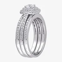 Womens 1/2 CT. T.W. Natural White Diamond Sterling Silver Cushion Side Stone Halo Bridal Set