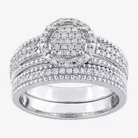 Womens 1/3 CT. T.W. Natural White Diamond Sterling Silver Round Side Stone Halo Bridal Set