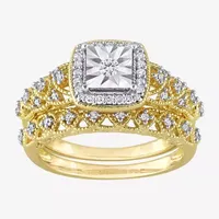 Womens 1/4 CT. T.W. Natural White Diamond 18K Gold Over Silver Cushion Side Stone Halo Bridal Set