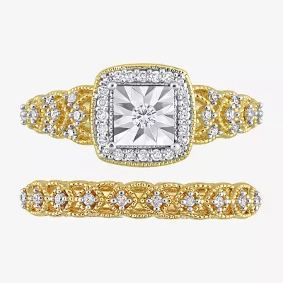 Womens 1/4 CT. T.W. Mined White Diamond 18K Gold Over Silver Cushion Side Stone Halo Bridal Set