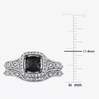 Womens 1 1/5 CT. T.W. Natural Black Diamond 10K White Gold Cushion Halo Bridal Set